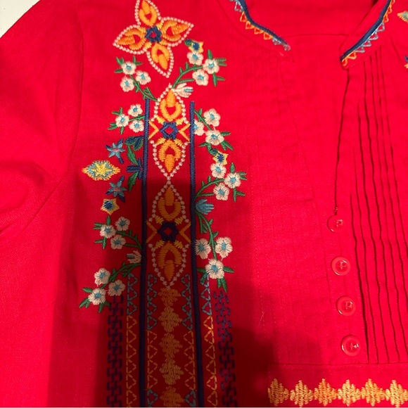 Calessa Red/Multicolored Embroidered Floral Cotton/Linen Boho V-Neck Top NWT S - Picture 14 of 16